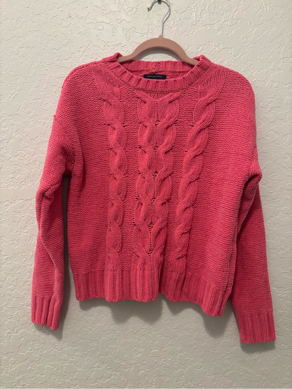 American Eagle Pink Cable Knit Sweater chunky size medium y2k
